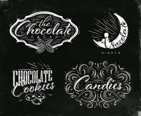 Set chocolate labels in vintage style lettering the chocolate cacao, choco night, cookies, candies drawing on black watercolor backgroundのイラスト素材
