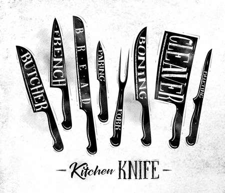 Poster kitchen meat cutting knifes butcher, french, bread, paring, fork, boning, cleaver, filleting drawing in vintage style on dirty paper backgroundのイラスト素材