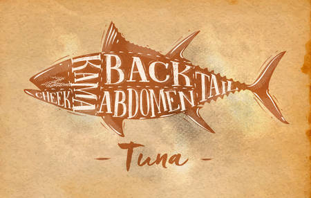 Poster tuna cutting scheme lettering cheek, kama, abdomen, back, tail in retro style drawing on craft paper paper backgroundのイラスト素材