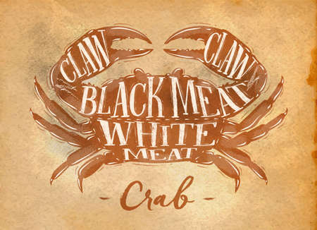 Poster crab cutting scheme lettering claw, black meat, white meat in retro style drawing on craft paper backgroundのイラスト素材