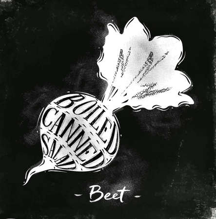Poster beet cutting scheme lettering boiled, canned, salad in vintage style drawing with chalk on chalkboard backgroundのイラスト素材