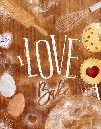 Poster bakery with illustrated cookie, egg, whisk, rolling pin, bread in vintage style lettering I love bake drawing on craft backgroundのイラスト素材