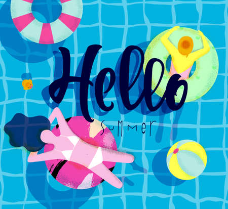 Colorful Hello Summer poster with people swimming on the pool.