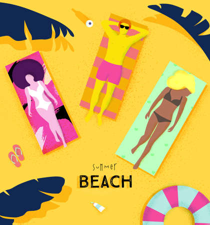 Summer beach poster with people lying on deck chair under the sun on the beach.のイラスト素材