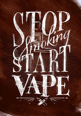Poster with vaporizer in vintage style lettering stop smoking start vape drawing on brown background.のイラスト素材
