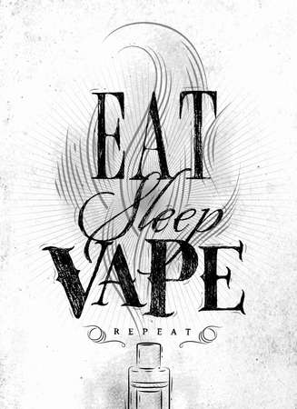 Poster with vaporizer and smoke cloud in vintage style lettering eat, sleep, vape repeat drawing on dirty paper background.のイラスト素材