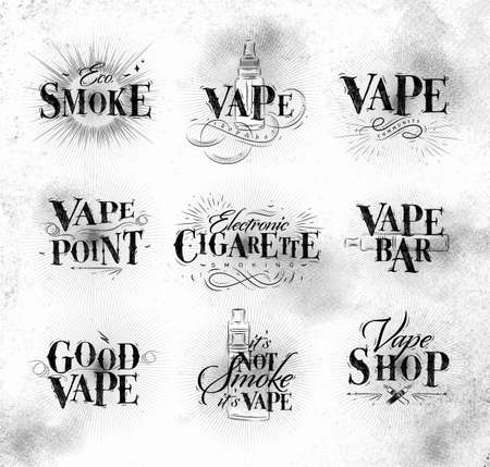 Poster with vaporizer in vintage lettering stop smoking start vape drawing on dirty paper background.のイラスト素材
