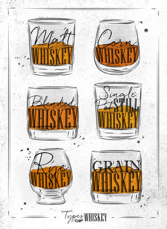 Poster types of whiskey with glasses lettering malt, corn, grain, blended, single post still, rye in vintage style drawing on dirty paper backgroundのイラスト素材