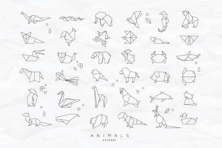 Set of animals white in flat style origami snake, elephant, bird, seahorse, frog, fox, mouse, butterfly, pelican, wolf, bear, rabbit, crab, monkey, pig, turtle, kangaroo on crumpled paper background