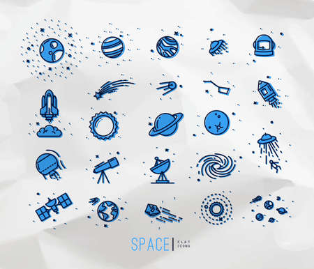 Space flat icons drawing with black lines and color on crumpled paper background.のイラスト素材
