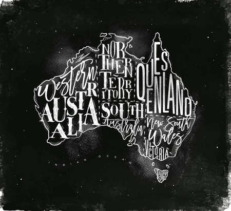 Vintage australia map with regions inscription western, northern, south, australia, queensland, victoria, tasmania drawing with chalk on chalkboard backgroundのイラスト素材