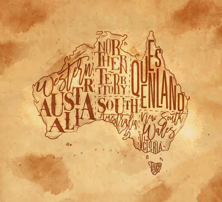 Vintage australia map with regions inscriptionwestern, northern, south, australia, queensland, victoria, tasmania drawing on craft backgroundのイラスト素材