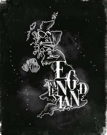 Vintage united kingdom map with regions inscription scotland, northern ireland, england, wales drawing with chalk on chalkboard backgroundのイラスト素材