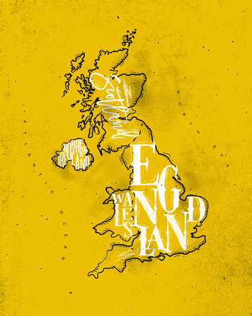 Vintage united kingdom map with regions inscription scotland, northern ireland, england, wales drawing on yellow backgroundのイラスト素材