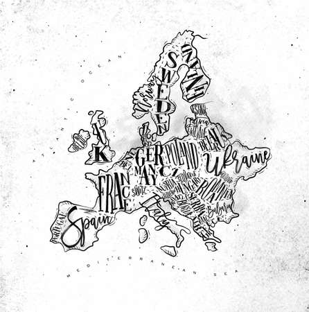 Vintage europe map with countries inscription uk, ireland, norway, sweden, finland, germany, france, spain, italy, poland, czech austria switzerland netherlands belgium drawing on dirty paperのイラスト素材