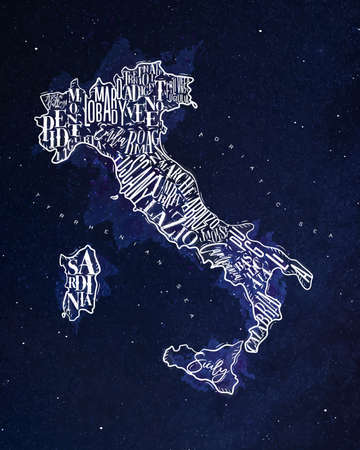 Vintage italy map with regions inscription sardinia, sicily, lazio, tuscany, liguria, marche, abruzzo, calabria, puglia, veneto, trentino lombardy marche drawing with chalk on blue backgroundのイラスト素材