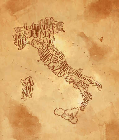 Vintage italy map with regions inscription sardinia, sicily, lazio, tuscany, liguria, marche, abruzzo, calabria, puglia, veneto trentino lombardy marche drawing on craft backgroundのイラスト素材