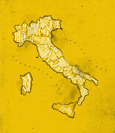 Vintage italy map with regions inscription sardinia, sicily, lazio, tuscany, liguria, marche, abruzzo, calabria, puglia, veneto trentino lombardy marche drawing on yellow paperのイラスト素材