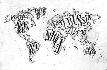 Vintage worldmap with inscription; Greenland, North America, South America, Africa, Europe, Asia, Australia, Russia drawing on dirty paper background.のイラスト素材
