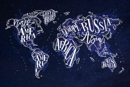 Vintage worldmap with inscription greenland, north america, south america, africa, europe, asia, australia, russia drawing with chalk on blue background.のイラスト素材