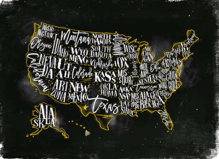 Vintage usa map with states inscription california, florida, washington, texas, new york, kansas, nevada, tennessy, missouri, arizona, illinois, oregon, louisiana drawing with chalk and yellowのイラスト素材
