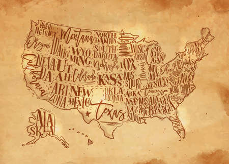 Vintage usa map with states inscription california, florida, washington, texas, new york, kansas, nevada, tennessy, missouri, arizona, illinois, oregon, louisiana drawing with chalk and yellowのイラスト素材