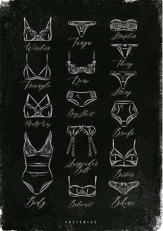 Poster classic underwear icons in vintage style drawing with chalk on chalkboardのイラスト素材