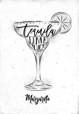 Margarita cocktail lettering orange liqueur, tequila, lime juice in vintage graphic style drawing dirty on paper backgroundのイラスト素材