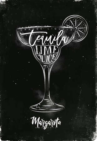 Margarita cocktail lettering orange liqueur, tequila, lime juice in vintage graphic style drawing with chalk on chalkboard backgroundのイラスト素材