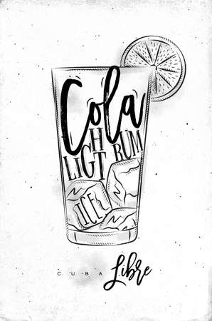 Cuba libre cocktail lettering cola, light rum, ice in vintage graphic style drawing on dirty paper backgroundのイラスト素材