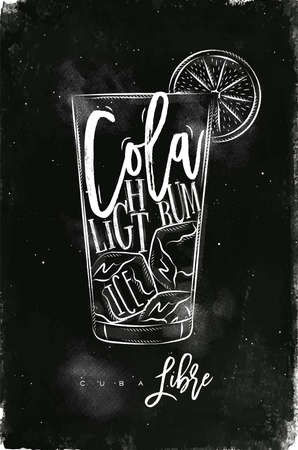 Cuba libre cocktail lettering cola, light rum, ice in vintage graphic style drawing with chalk on chalkboard backgroundのイラスト素材