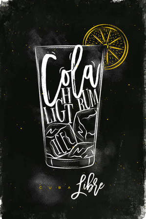 Cuba libre cocktail lettering cola, light rum, ice in vintage graphic style drawing with chalk and color on chalkboard backgroundのイラスト素材
