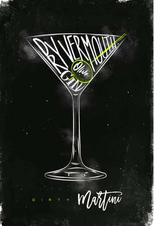 Dirty martini cocktail lettering dry vermouth, gin, olive in vintage graphic style drawing with chalk and color on chalkboard backgroundのイラスト素材