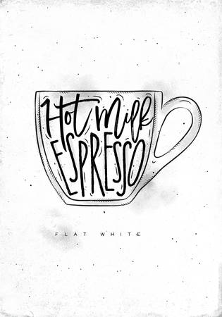 Flat white lettering hot milk, espresso in vintage graphic style drawing on dirty paper backgroundのイラスト素材