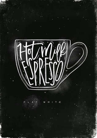 Flat white lettering hot milk, espresso in vintage graphic style drawing with chalk on chalkboard backgroundのイラスト素材
