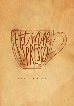 Flat white lettering hot milk, espresso in vintage graphic style drawing with craftのイラスト素材