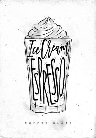 Coffee glace cup lettering ice cream, espresso in vintage graphic style drawing on dirty paper backgroundのイラスト素材