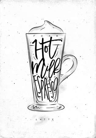 Coffee latte cup lettering foam, hot milk, espresso in vintage graphic style drawing on dirty paper backgroundのイラスト素材