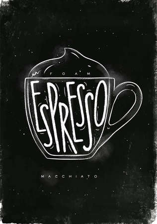 Macciato cup lettering foam, espresso in vintage graphic style drawing with chalk on chalkboard backgroundのイラスト素材