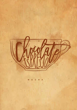 Mocha cup lettering hot milk, chocolate, espresso in vintage graphic style drawing with craftのイラスト素材
