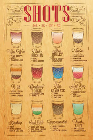 Set of shots menu with a shots drinks with names in vintage style stylized drawing with craftのイラスト素材