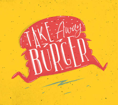 Poster running burger in retro style lettering take away burger drawing on yellow backgroundのイラスト素材