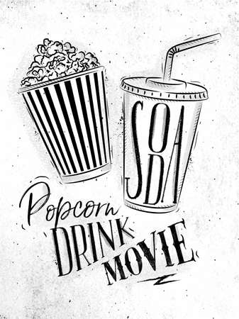 Poster cinema snacks lettering popcorn, drink, movie in vintage style drawing dirty paper backgroundのイラスト素材