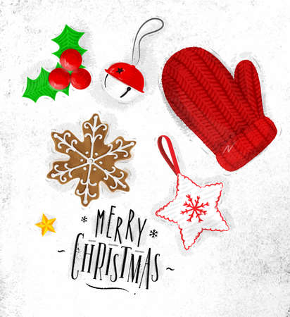 Christmas theme elements biscuit, glove, bell, Christmas tree decoration, star lettering merry christmas drawing in vintage style on dirty paperのイラスト素材
