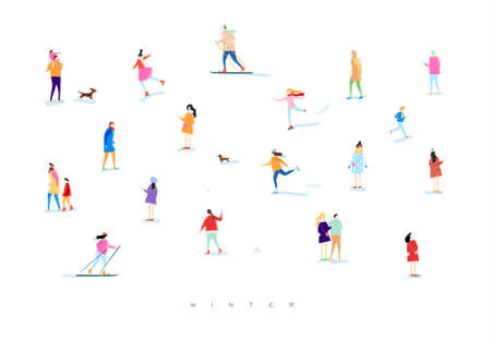 Illustrated people on a winter walk, playing snowball, skiing, skating, playing with kid and dog, lovers walk drawing with color on white background