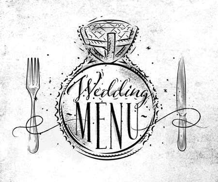Poster wedding ring lettering wedding menu drawing on dirty paper backgroundのイラスト素材