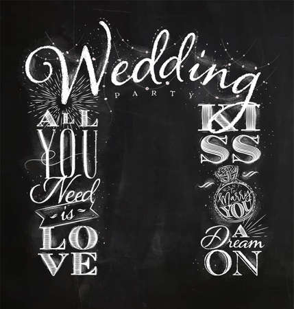 Wedding and engagement backdrop in vintage style drawing with chalk on chalkboard backgroundのイラスト素材