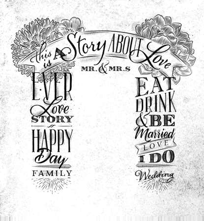 Wedding and engagement backdrop in retro style drawing on dirty paper backgroundのイラスト素材