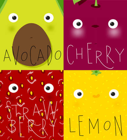 Set of fruits and vegetables muzzles avocado, cherry, strawberry, lemon drawing in cute cartoon styleのイラスト素材