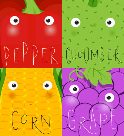 Set of fruits and vegetables muzzles pepper, cucumber, corn, grape drawing in cute cartoon styleのイラスト素材